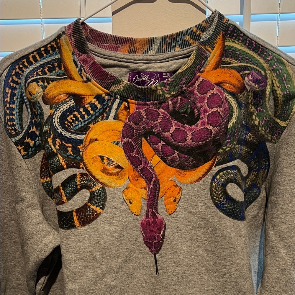 Double Needle Gray Sweatshirt with Vibrant Snake Design